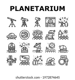 Planetarium Equipment Collection Icons Set Vector. Planetarium Speaker About Stars And Planets, Observatory Astronomy Telescope For Research Galaxy Black Contour Illustrations