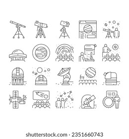 Planetarium Equipment Collection Icons Set Vector. Planetarium Speaker About Stars And Planets, Observatory Astronomy Telescope For Research Galaxy Black Contour Illustrations