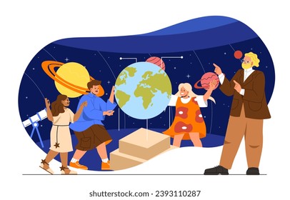 Planetarium excursion concept. Teacher and kids look at planets at starry sky. Astrology and astronomy lesson. Galaxy and universe. Cartoon flat vector illustration isolated on white background