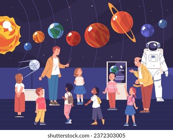 Planetarium excursion. People children visit astronomy museum, teacher and school kids looking solar system or cosmonautics exhibition, space body planet vector illustration of planetarium exhibition