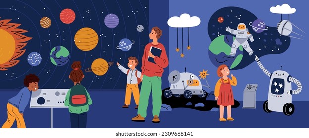 Excursión al planetario. Visitantes del museo espacial escuchan para guiar. Sistema solar y objetos astronómicos. Los niños miran a través del telescopio. Exposición en observatorio