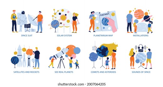 Planetarium flat color isolated compositions including satellites rockets comets asteroids solar system vector illustration