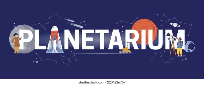 Planetarium flat composition with text surrounded by stars constellations planets images with rocket telescope and people vector illustration
