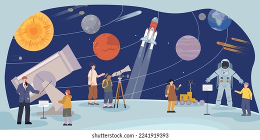 Planetarium flat composition with view of people on excursions looking in telescopes with planets on orbits vector illustration