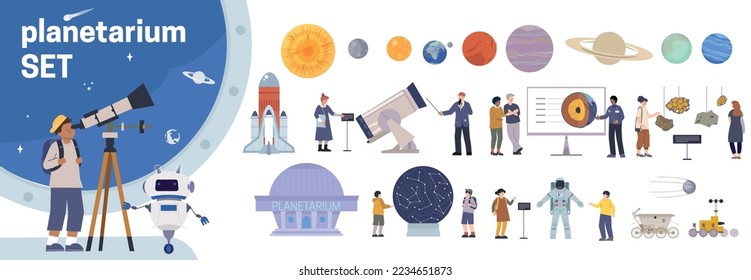 Planetarium flat set of isolated planet icons with human characters space suits telescopes rockets and text vector illustration