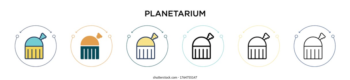 Planetarium icon in filled, thin line, outline and stroke style. Vector illustration of two colored and black planetarium vector icons designs can be used for mobile, ui, web
