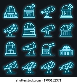 Planetarium icons set. Outline set of planetarium vector icons neon color on black