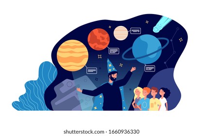 Planetarium. Kids looking planets, astronomy science lesson in observatory museum. Students group excursion. Children guide vector concept