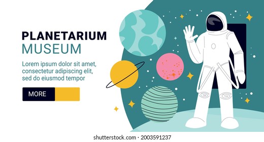 Planetarium museum horizontal banner with astronaut in spacesuit at starry sky background vector illustration