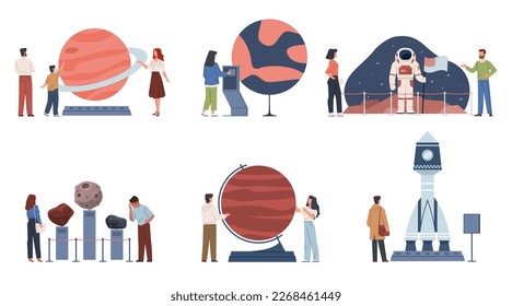 Planetarium people. Curious visitors to astronomy museum, space objects, rocket model, spacesuit and mock-ups of planets, men women and kids education, nowaday vector cartoon flat set