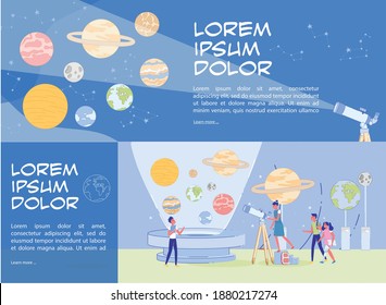 Planetarium Presentation Header Banner Set. Public Museum with Innovative Technology for Solar System Exhibition. Planet and Star, Young Children Visitor on Excursion Design. Vector Illustration