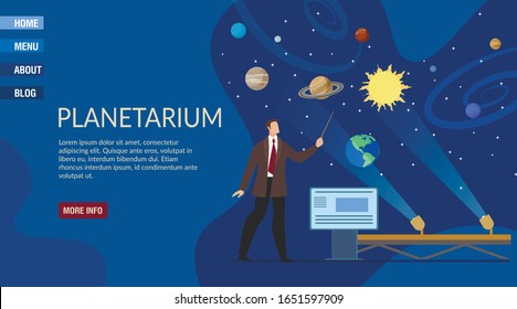 Planetarium Presentation Responsive Landing Page Template. Guide Male Character Telling about Solar System with Stars, Planets. Physics Science and Astronomy Museum. Vector Illustration