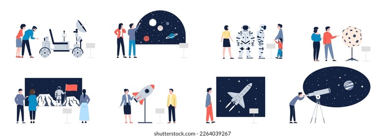 Planetarium solar system exhibition, people study astronomy. Couple and family looking on universe, man used telescope, recent vector education scene