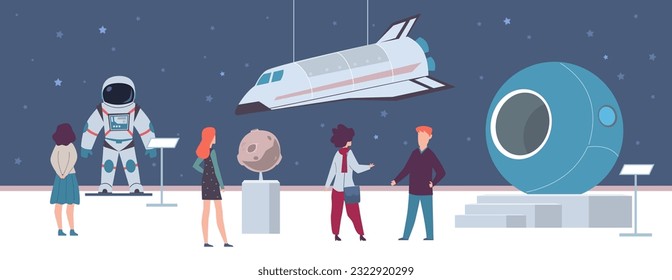 Planetarium. Space exhibition. Visitors men and women in astronomy museum on excursion, spacecraft and rocket sculpture, astronaut suit and cosmic shuttle. Cartoon flat isolated illustration