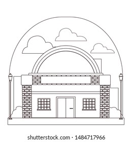 Planetarium space museum build real estate in the city town with street lights background in black and white vector illustration graphic design.