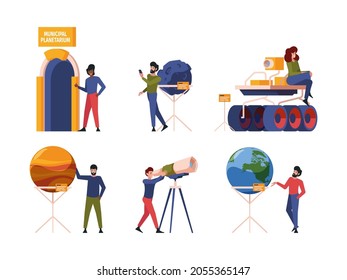 Planetarium. Space universe education museum interior solar system science innovation garish vector characters in flat style