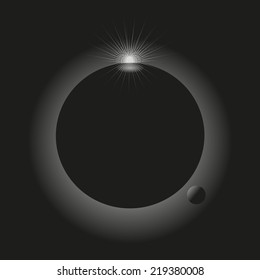 planetarium. Two planets and beams of the sun on a black background