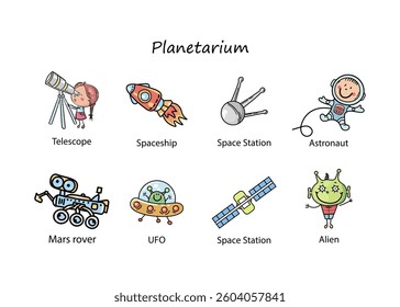 Planetarium vector illustration of space, consisting of Sun, Moon, Stars, Earth, Meteorites, Comet, Saturn, Galaxy on a light white background.
