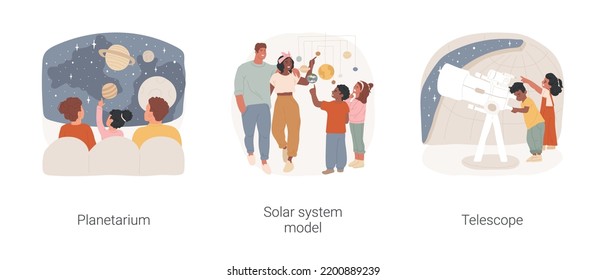 Planetarium Visit Isolated Cartoon Vector Illustration Set. Family Visiting Planetarium, Observatory Field Trip, Children Learn Solar System Model, Looking In A Big Telescope Vector Cartoon.