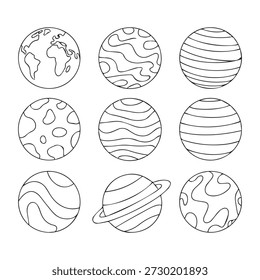 Ilustración de cuerpos planetarios que muestra diversas texturas y patrones en diseño en blanco y negro