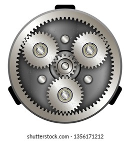 Planetary gear mechanism. Metal gears. Vector illustration on white background.