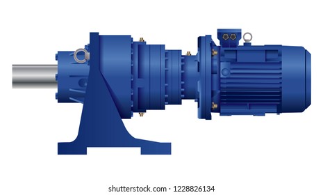 Planetary gear motor with electric motor. Vector illustration on white background. Isolated image. 3D