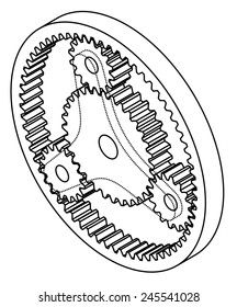 A planetary gear system with a central sun gear, three planets gears, and an encompassing ring gear. 