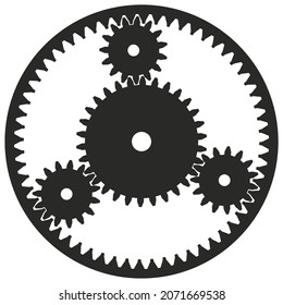 Planetary gear in work or cogwheel Symbol on isolated white background.
Planetary Drive. Thoothed black wheels in cooperation.