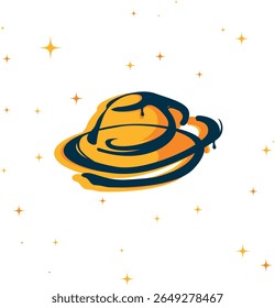 Planetary icon with stars. Vector coffee cup flying in space.
