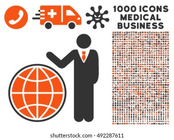 Planetary Manager icon with 1000 medical business orange and gray vector pictographs. Design style is flat bicolor symbols, white background.