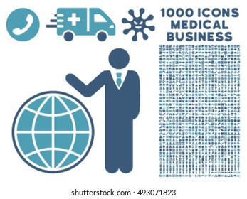 Planetary Manager icon with 1000 medical business cyan and blue vector pictographs. Design style is flat bicolor symbols, white background.