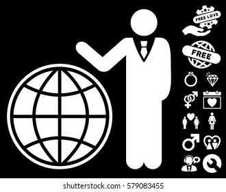 Planetary Manager pictograph with bonus dating icon set. Vector illustration style is flat iconic white symbols on black background.
