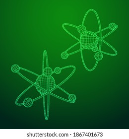 Planetary model of atom with nucleus and electrons spining on orbits. Nuclear nano technology. Wireframe low poly mesh vector illustration.