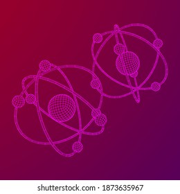 Planetary model of atom with nucleus and electrons spining on orbits. Nuclear nano technology. Wireframe low poly mesh vector illustration.