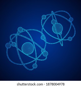 Planetary model of atom with nucleus and electrons spining on orbits. Nuclear nano technology. Wireframe low poly mesh vector illustration.
