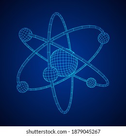 Planetary model of atom with nucleus and electrons spining on orbits. Nuclear nano technology. Wireframe low poly mesh vector illustration.