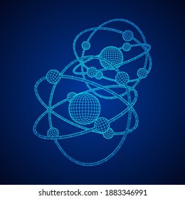 Planetary model of atom with nucleus and electrons spining on orbits. Nuclear nano technology. Wireframe low poly mesh vector illustration.