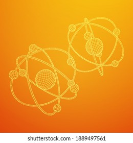 Planetary model of atom with nucleus and electrons spining on orbits. Nuclear nano technology. Wireframe low poly mesh vector illustration.