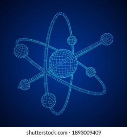 Planetary model of atom with nucleus and electrons spining on orbits. Nuclear nano technology. Wireframe low poly mesh vector illustration.