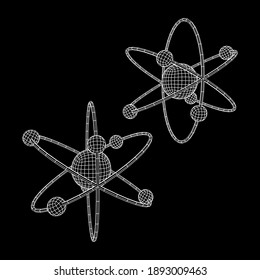 Planetary model of atom with nucleus and electrons spining on orbits. Nuclear nano technology. Wireframe low poly mesh vector illustration.