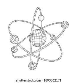 Planetary Model Of Atom With Nucleus And Electrons Spining On Orbits. Nuclear Nano Technology. Wireframe Low Poly Mesh Vector Illustration.