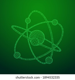 Planetary model of atom with nucleus and electrons spining on orbits. Nuclear nano technology. Wireframe low poly mesh vector illustration.