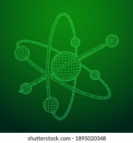 Planetary model of atom with nucleus and electrons spining on orbits. Nuclear nano technology. Wireframe low poly mesh vector illustration.