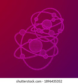 Planetary model of atom with nucleus and electrons spining on orbits. Nuclear nano technology. Wireframe low poly mesh vector illustration.