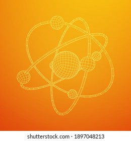 Planetary model of atom with nucleus and electrons spining on orbits. Nuclear nano technology. Wireframe low poly mesh vector illustration.