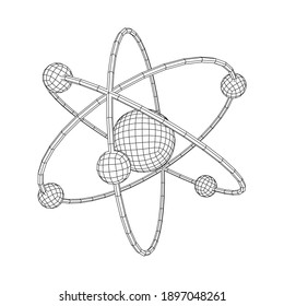 Planetäres Atom-Modell mit Atomkern und Elektronen, die sich auf Umlaufbahnen drehen. Nukleare Nanotechnologie. Wireframe Low-Poly-Mesh, Vektorgrafik.