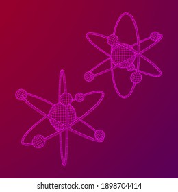 Planetary model of atom with nucleus and electrons spining on orbits. Nuclear nano technology. Wireframe low poly mesh vector illustration.