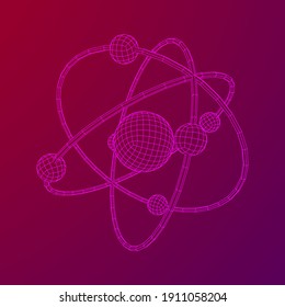 Planetary model of atom with nucleus and electrons spining on orbits. Nuclear nano technology. Wireframe low poly mesh vector illustration.
