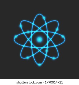 Planetary model of the atom, Rutherford is atomic structure model physical symbol of glowing neon blue lines, scientific logo