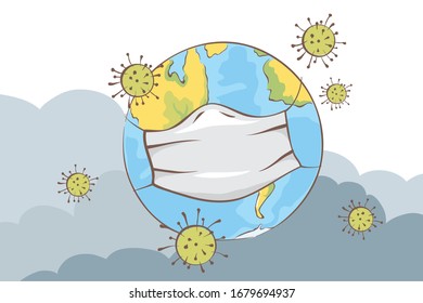 Pandemia planetaria. Ilustración vectorial, Tierra en la máscara de virus